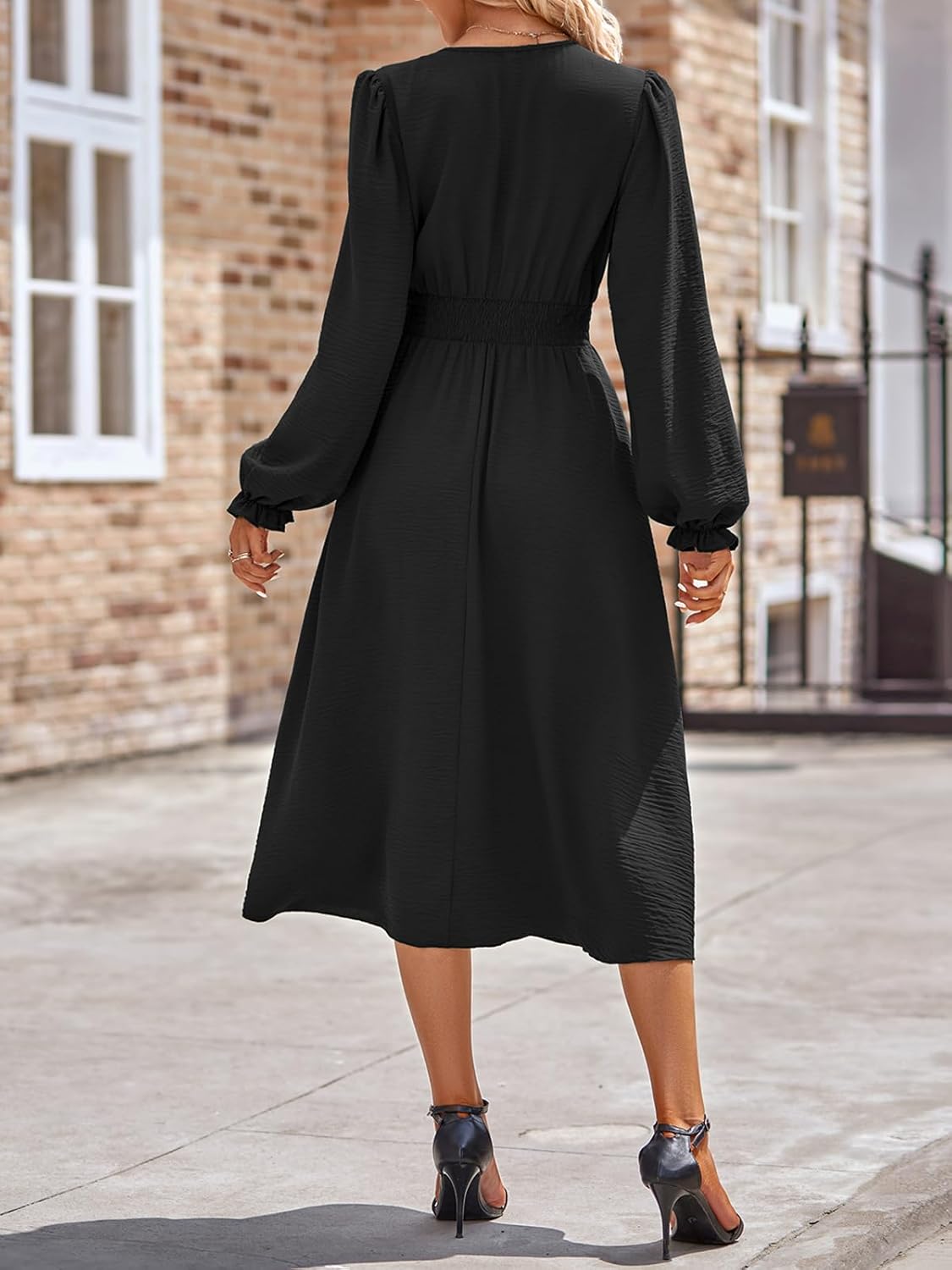 Vestido Emma para mujer midi – vestido elegante con cuello en V, mangas largas, talle alto y corte en línea A