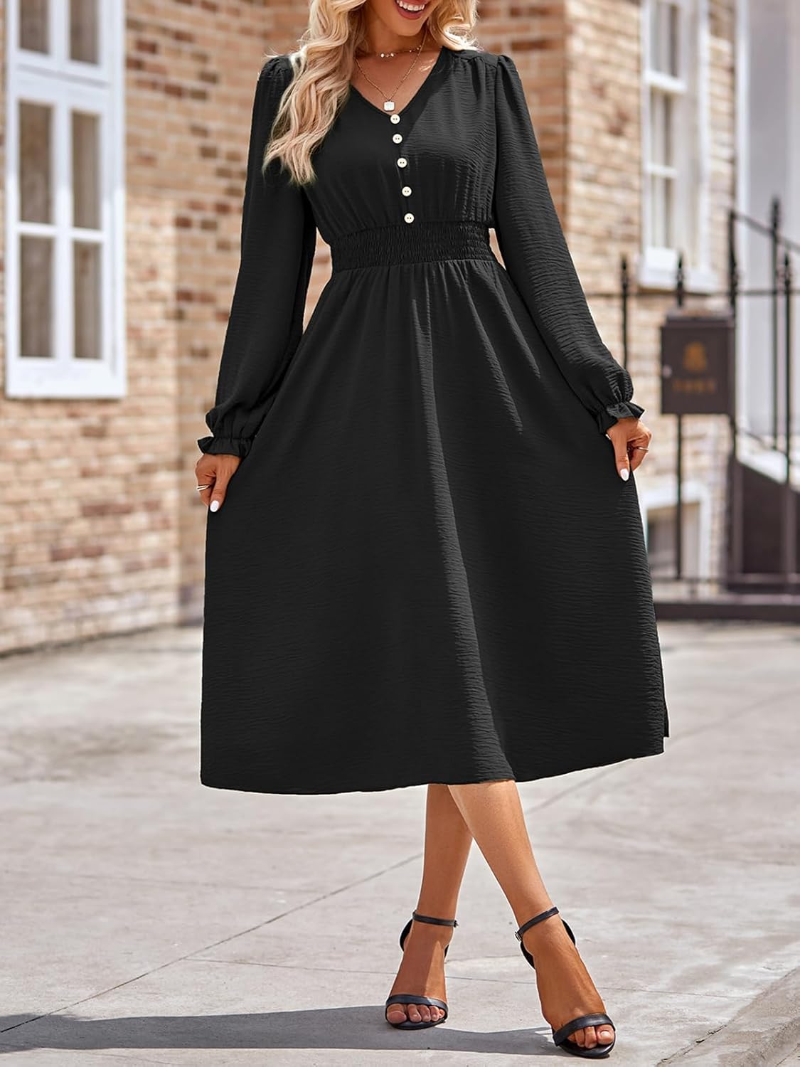 Vestido Emma para mujer midi – vestido elegante con cuello en V, mangas largas, talle alto y corte en línea A