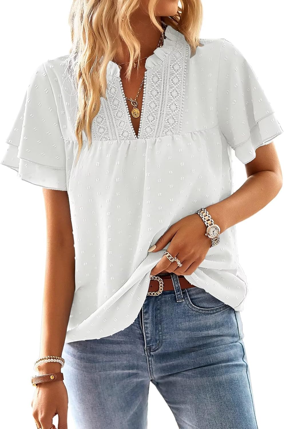 Sofia Haut Donna Estate – Blusa Boho Chic con Scollo a V in Pizzo Crochet e Maniche Corte