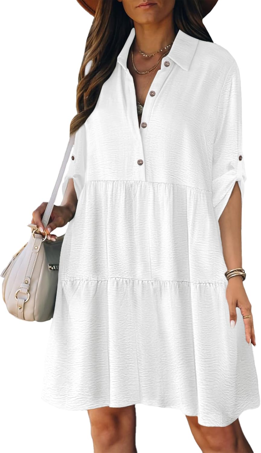 Léa Women's Shirt Dress – A-Line Dress with Ruffles, Buttoned, 3/4 Sleeves, Summer