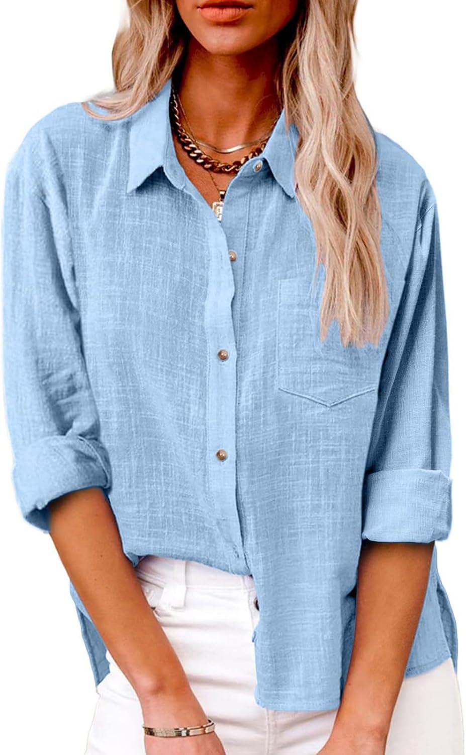 Sofia Chemise Femme Col V – Blouse Décontractée Boutonnée Lin Coton Manches Longues