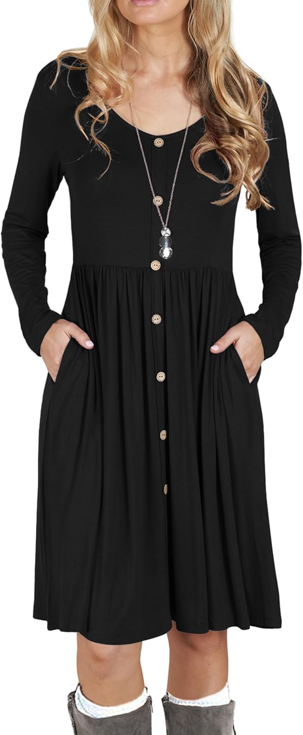 Julie Midi šaty do áčka – Dámské casual šaty s dlouhými rukávy a kapsami