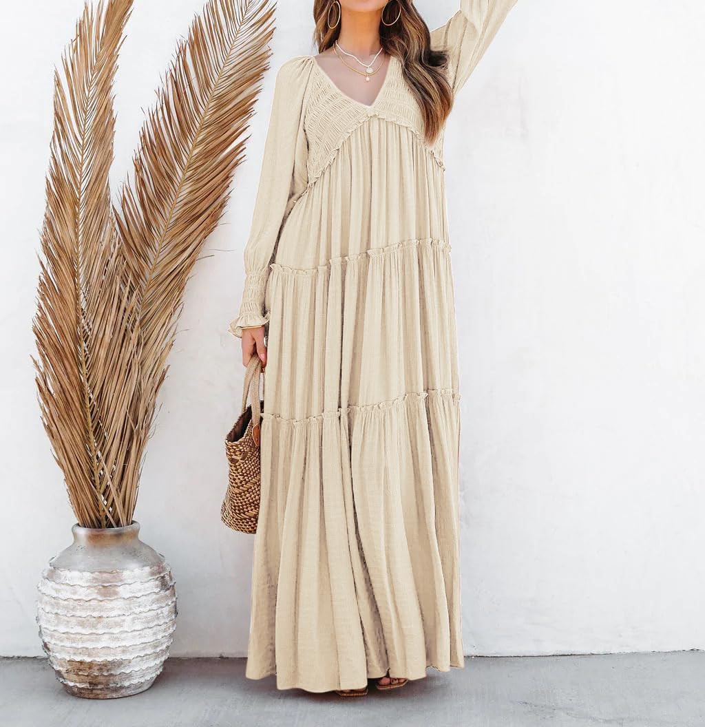 Vestido Maxi Eva para Mulher – Vestido Boémio com Decote em V, Mangas Compridas com Franzidos e Folhos