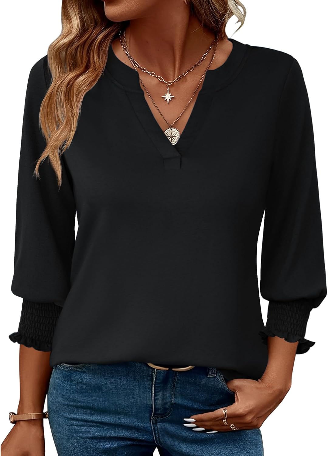 Beatriz Damen Bluse V-Ausschnitt – 3/4-Ärmel mit Volants, Weite Elegante Passform Sommer