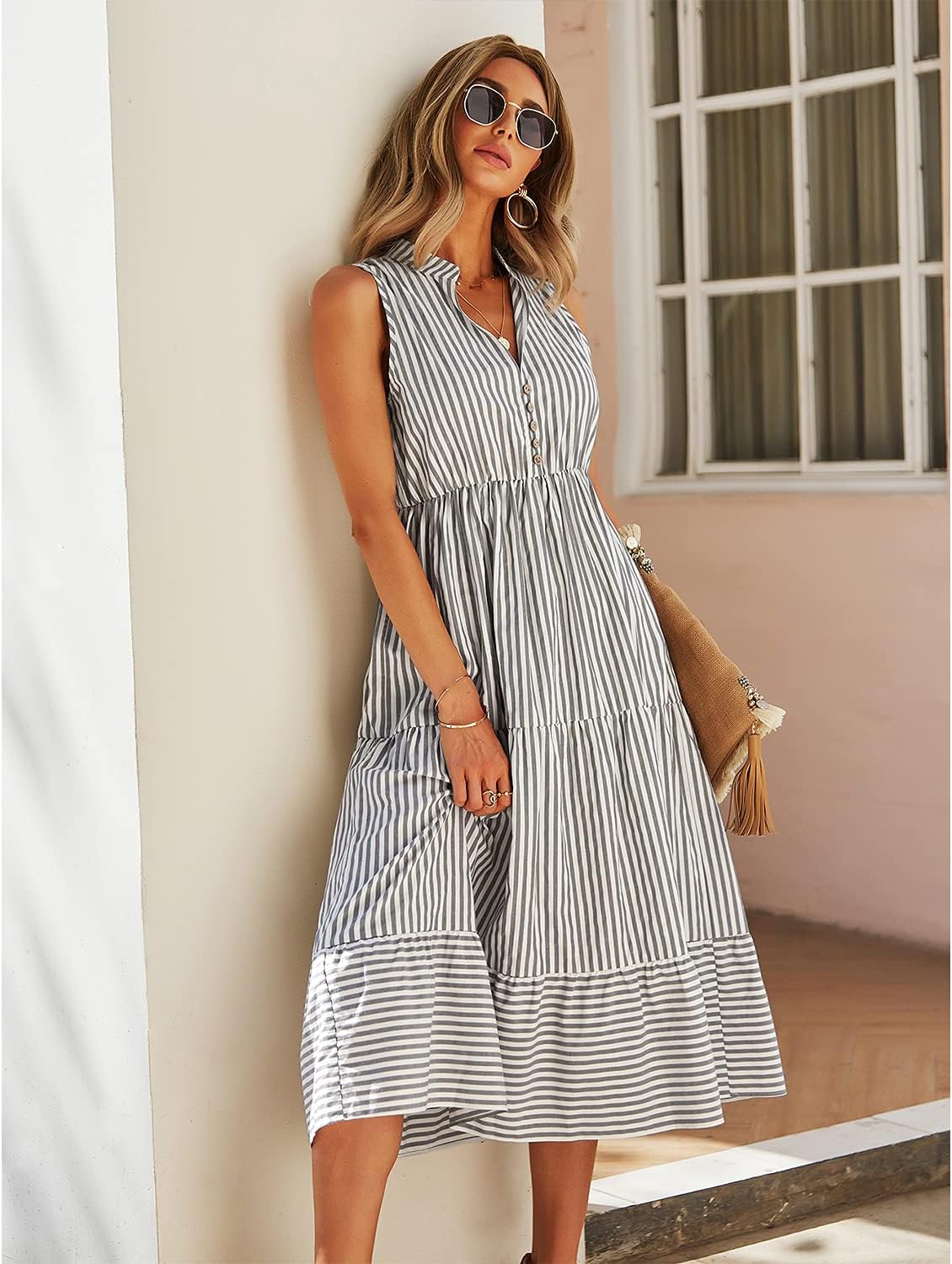 Claire Vestido Camisón Midi Mujer – Vestido a Rayas Sin Mangas Cuello en V con Botones Elegante