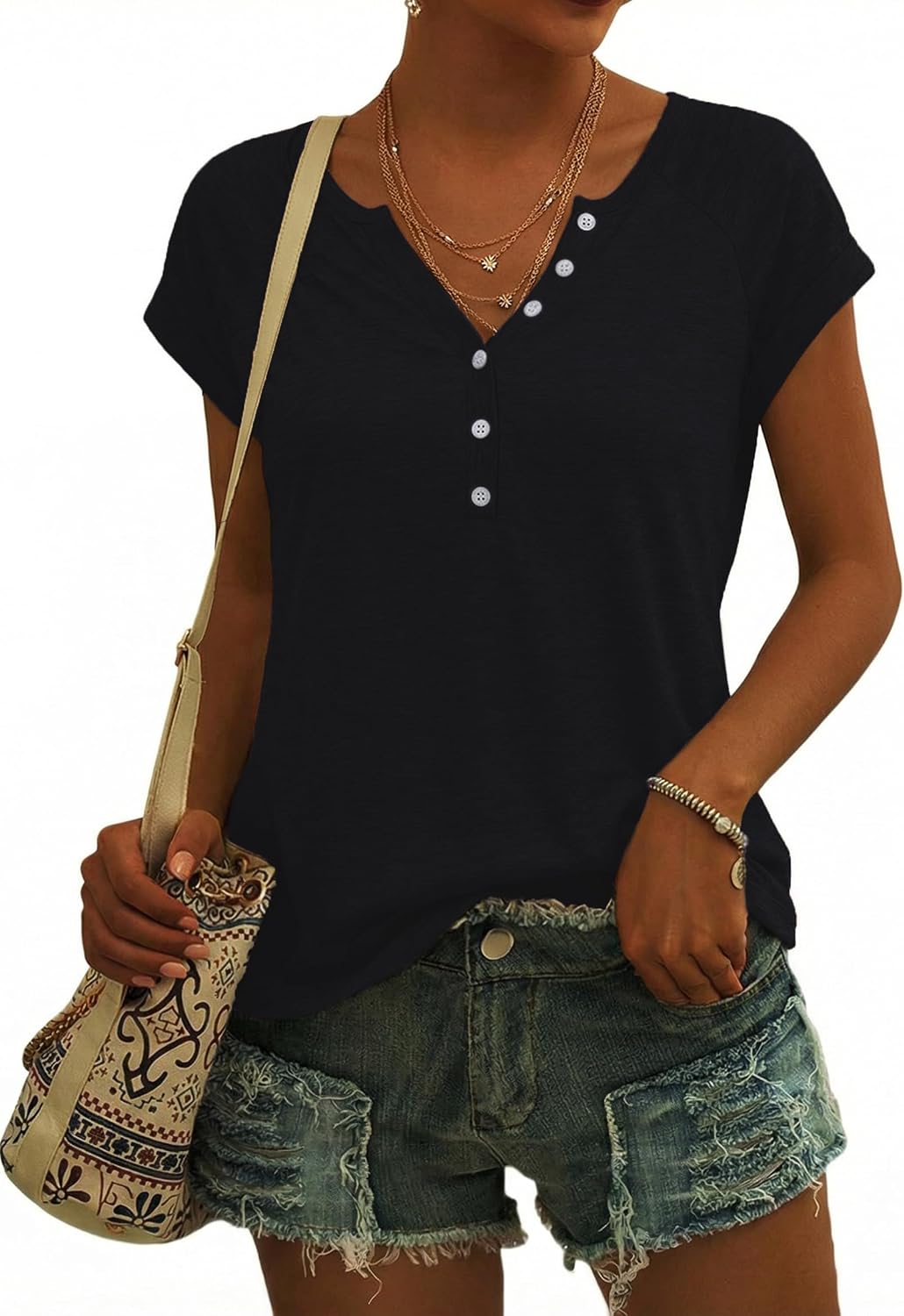 Sophie Haut Femme Col V Boutonné – T-Shirt Ample en Coton à Manches Courtes