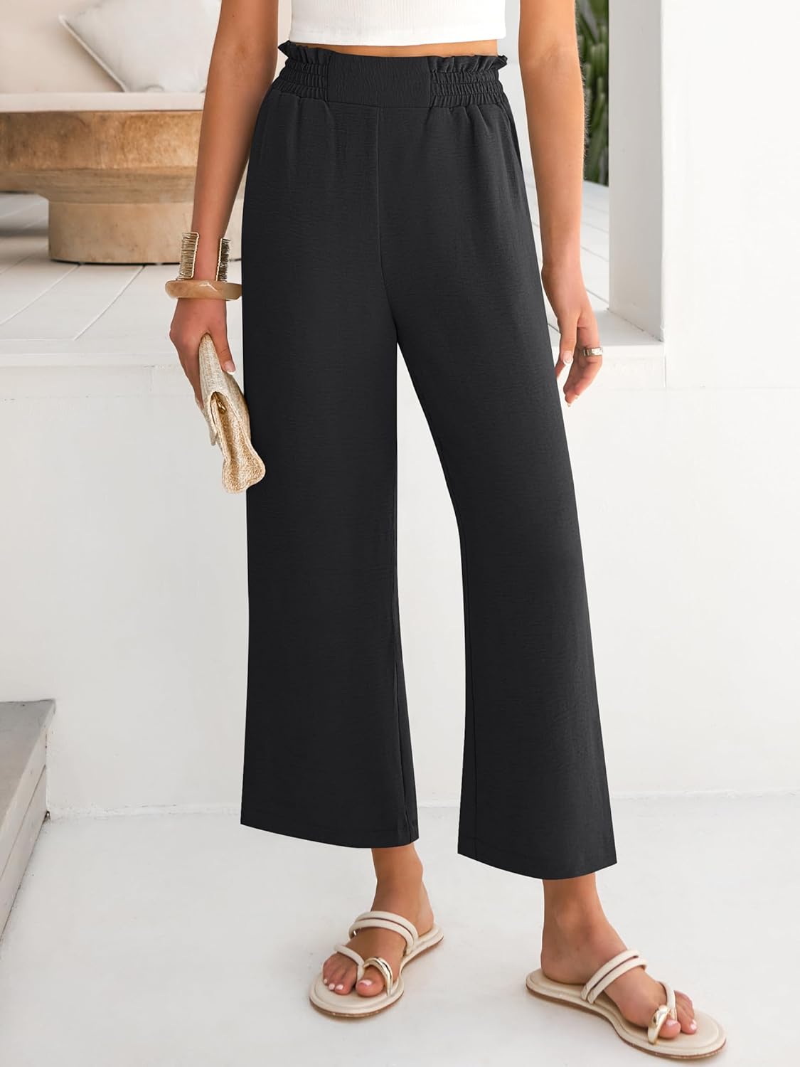 Eva Pantalon Femme – Pantalon Palazzo Court Taille Haute & Poches Été