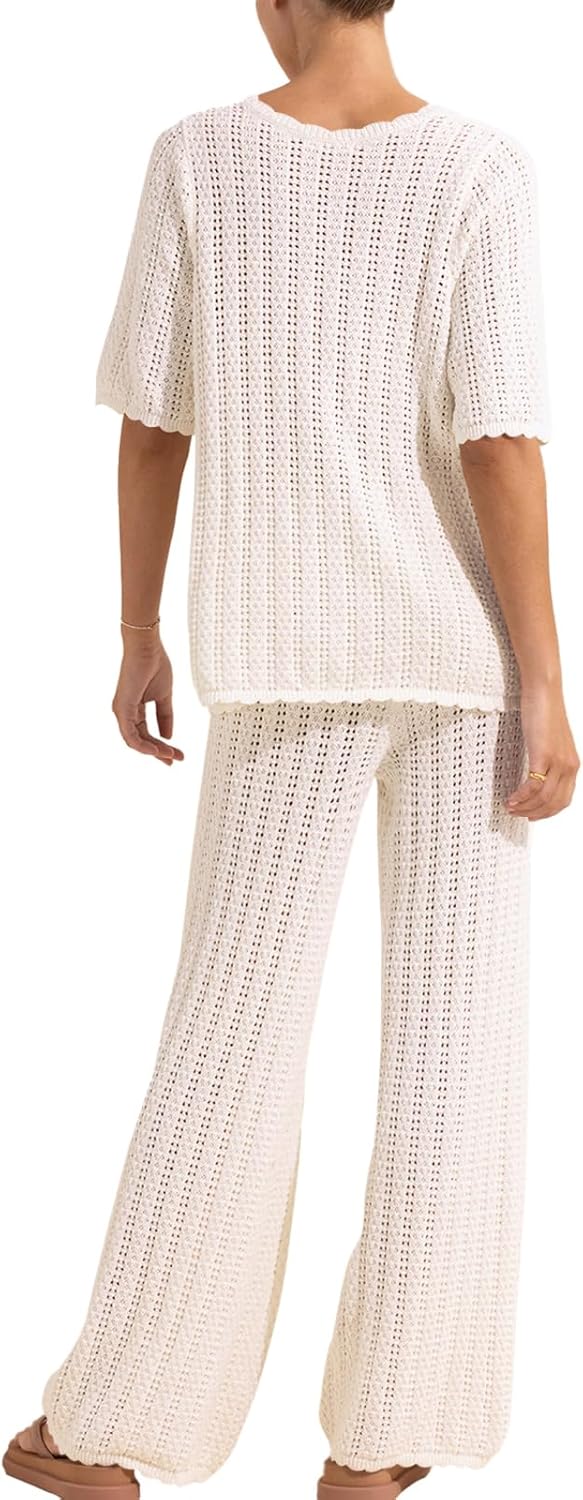 Conjunto de Praia Sally para Mulher – Kimono de Croché e Calças Largas Leves