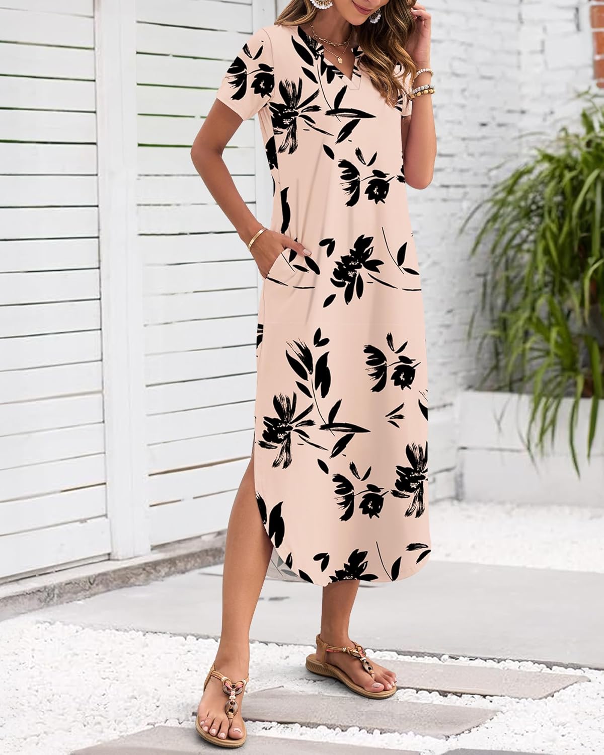 Laura Maxi Dress for Women Summer – Long V-Neck Dress with Slit, Short Sleeves & Comfortable Pockets