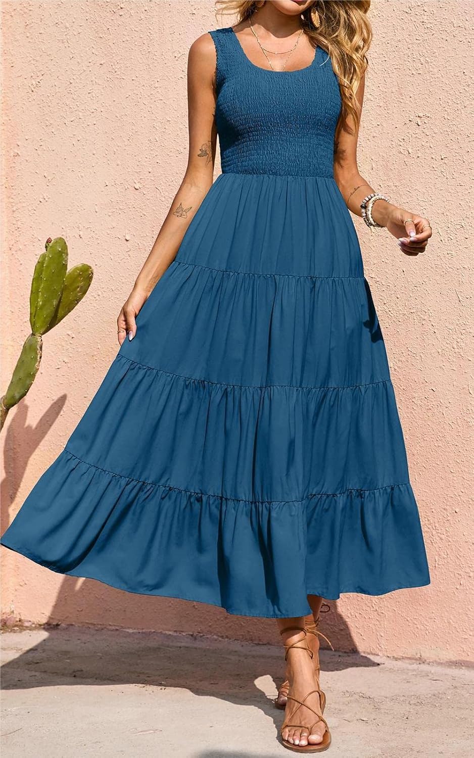 Élina Maxikleid Damen – Ärmelloses gerafftes Kleid A-Linien-Schnitt Sommer Boho