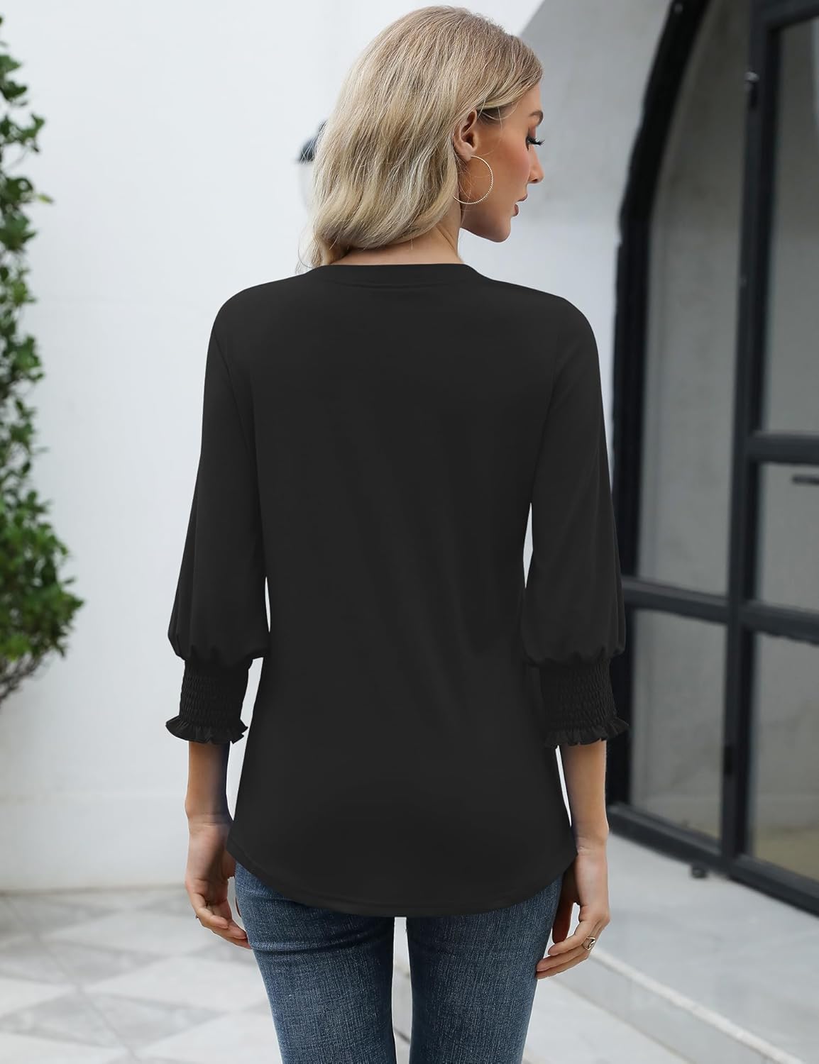 Beatriz Damen Bluse V-Ausschnitt – 3/4-Ärmel mit Volants, Weite Elegante Passform Sommer
