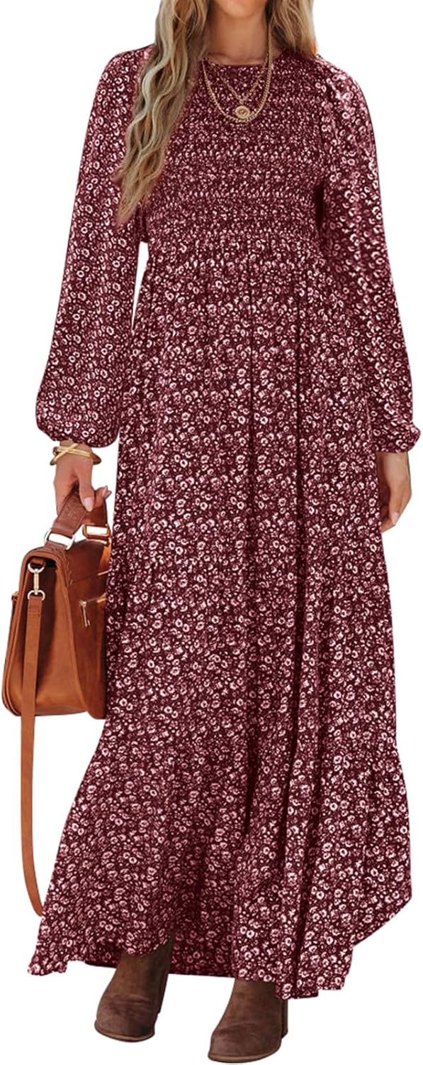 Sophie Women's Maxi Dress – Floral Smocked Dress with Long Sleeves, Elegant Bohemian Style