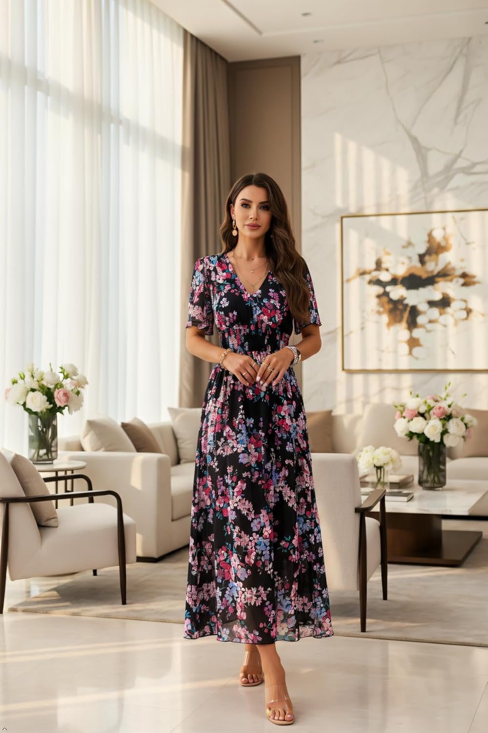 Jade Damen Maxikleid mit Blumenmuster – Hohe Taille, V-Ausschnitt, Kurze Ärmel Boho Sommer