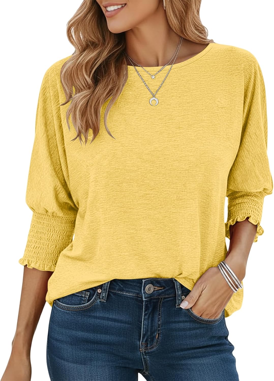 Fresia Bluse Dame Rund Hals – Top med 3/4 Ærmer med Rynker Elegant Flydende Pasform