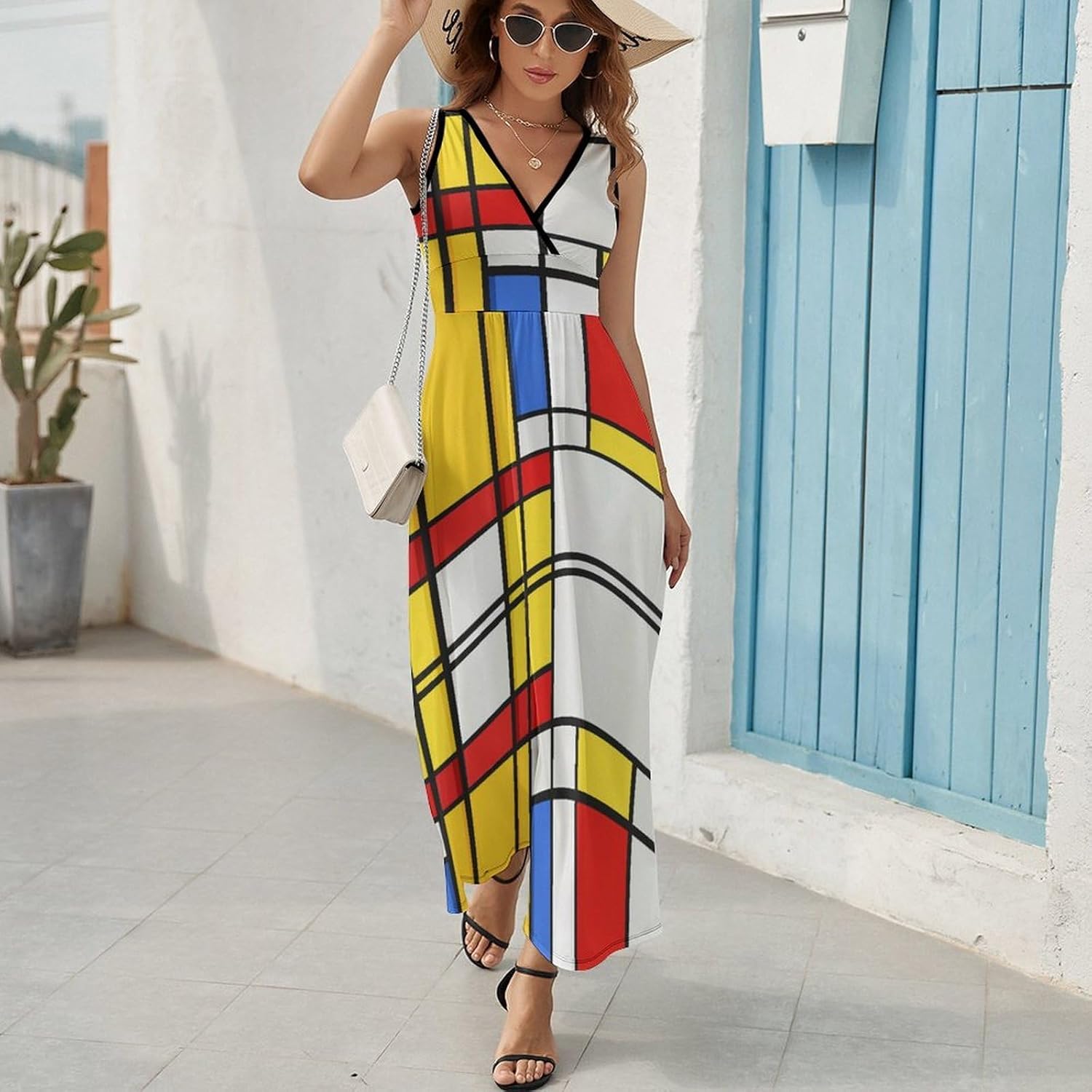 Lena Robe Femme – Robe Maxi Col V Sans Manches Taille Haute Motif Moderne Été