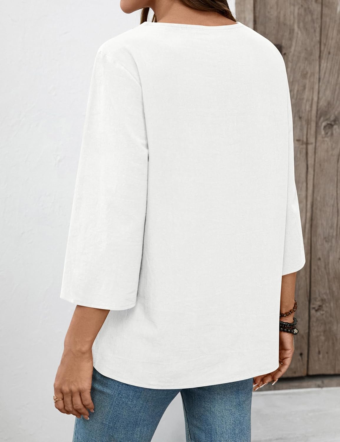Brenda Damen Bluse Spitze – V-Ausschnitt, 3/4-Ärmel, Weite Passform Baumwolle Leinen Sommer