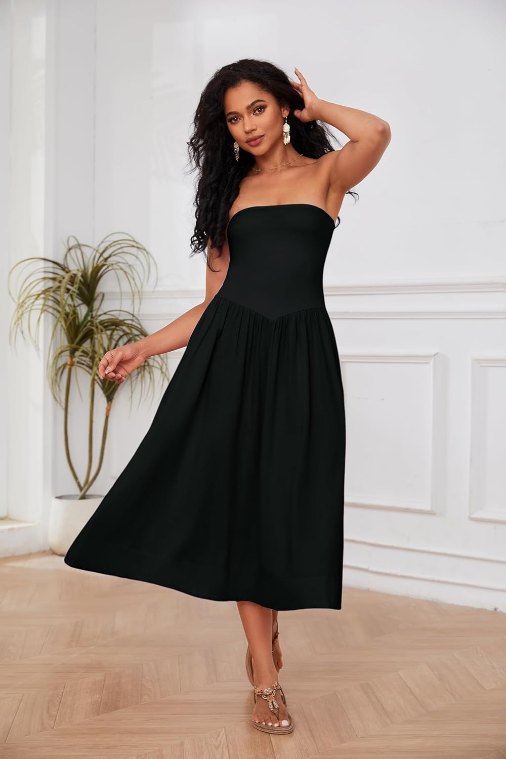 Lina Midi Dress for Women – Sleeveless Strapless Dress with Low Waist A-Line Chic Summer