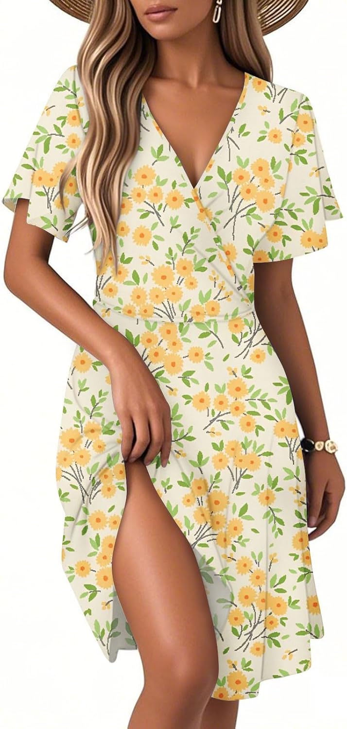 Vestido Boémio Léonie para Mulher – Vestido Evasê com Decote em V e Folhos Elegantes