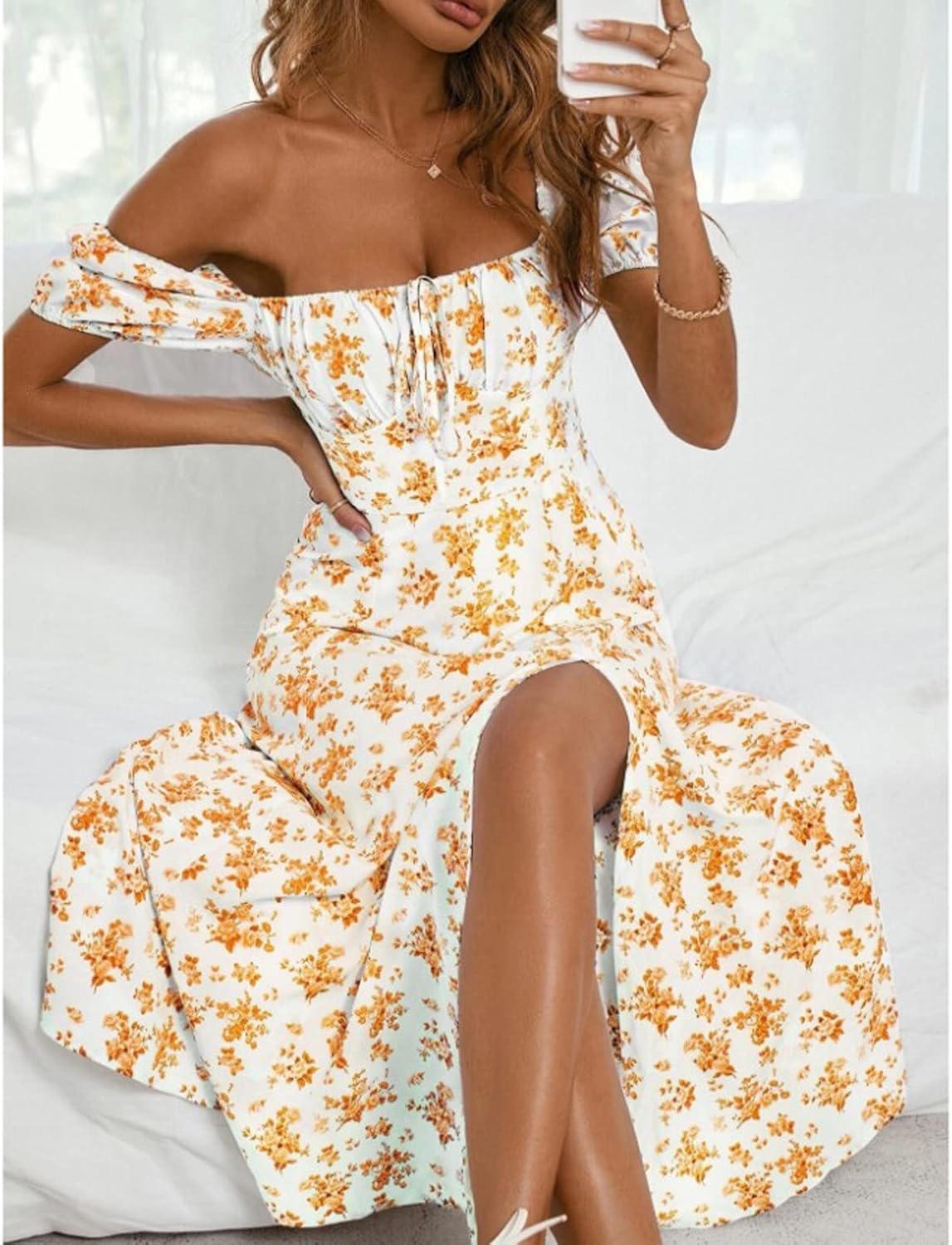 Vestido largo bohemio Sophie para mujer – vestido fluido con flores, cuello cuadrado y mangas cortas