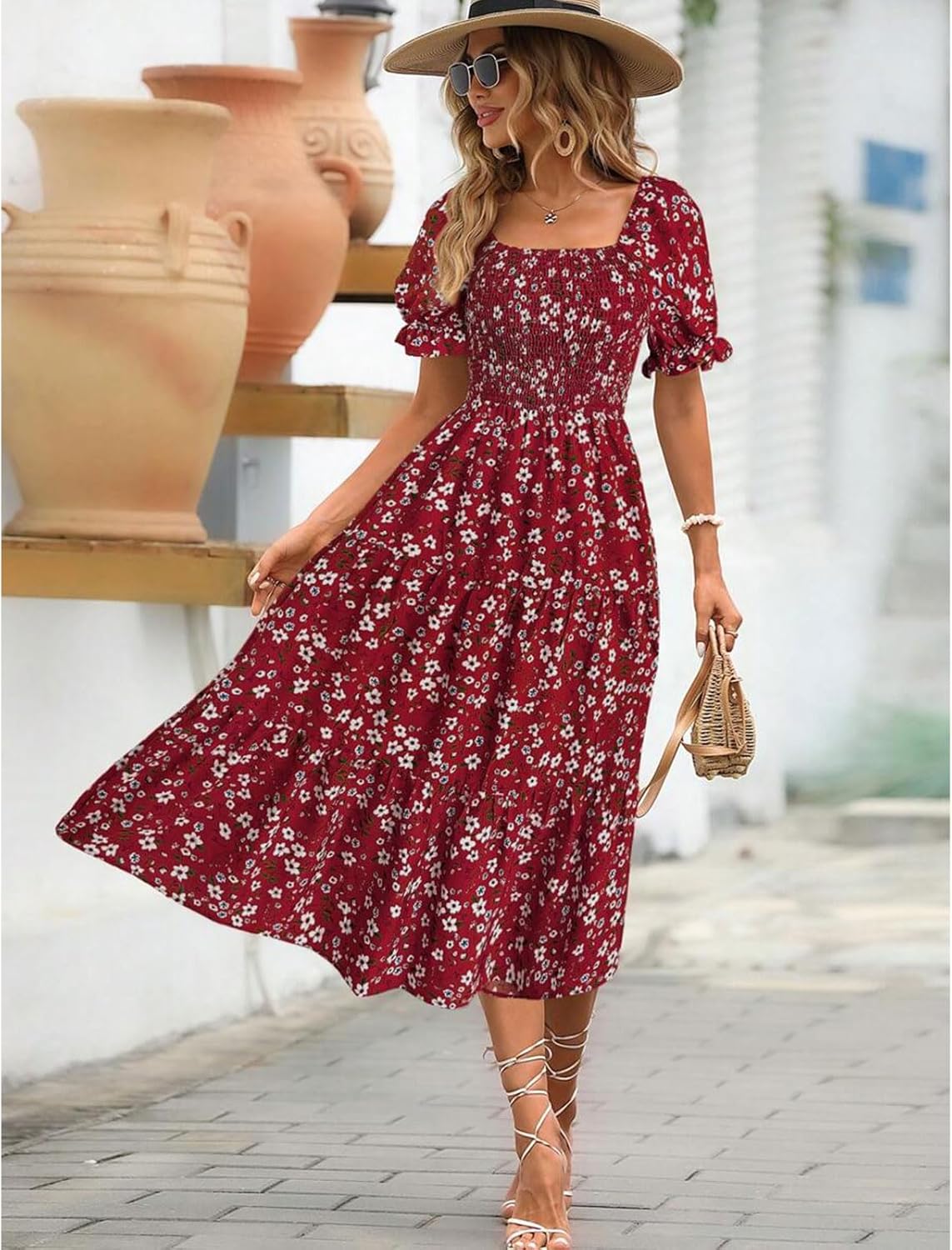Angeli Robe Femme Fleurie – Manches Bouffantes, Taille Nouée, Coupe Mini Été Chic