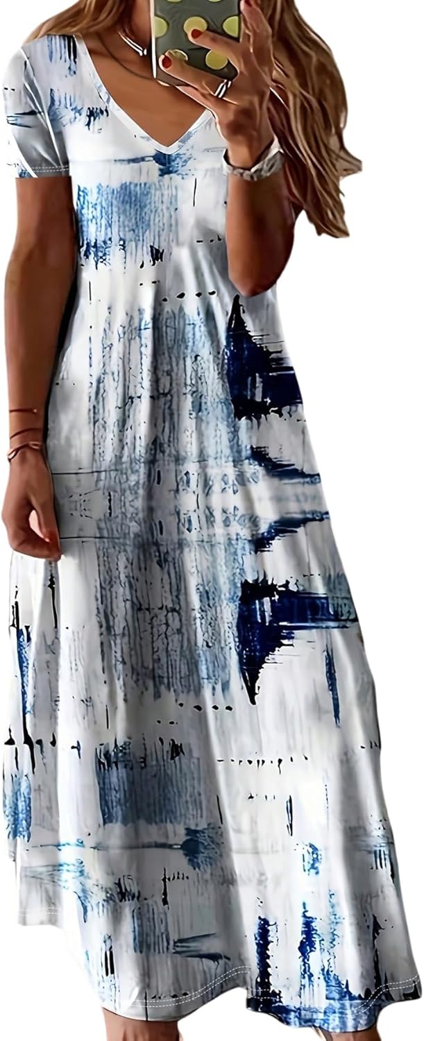 Vestito Maxi Maya Taglia Grande – Vestito Estivo Scollo a V Tie-Dye Fluido Maniche Corte