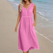 Anna Kleid Damen – Midi-Leinenkleid mit V-Ausschnitt, ärmellos, Taschen, fließender Schnitt, Sommer