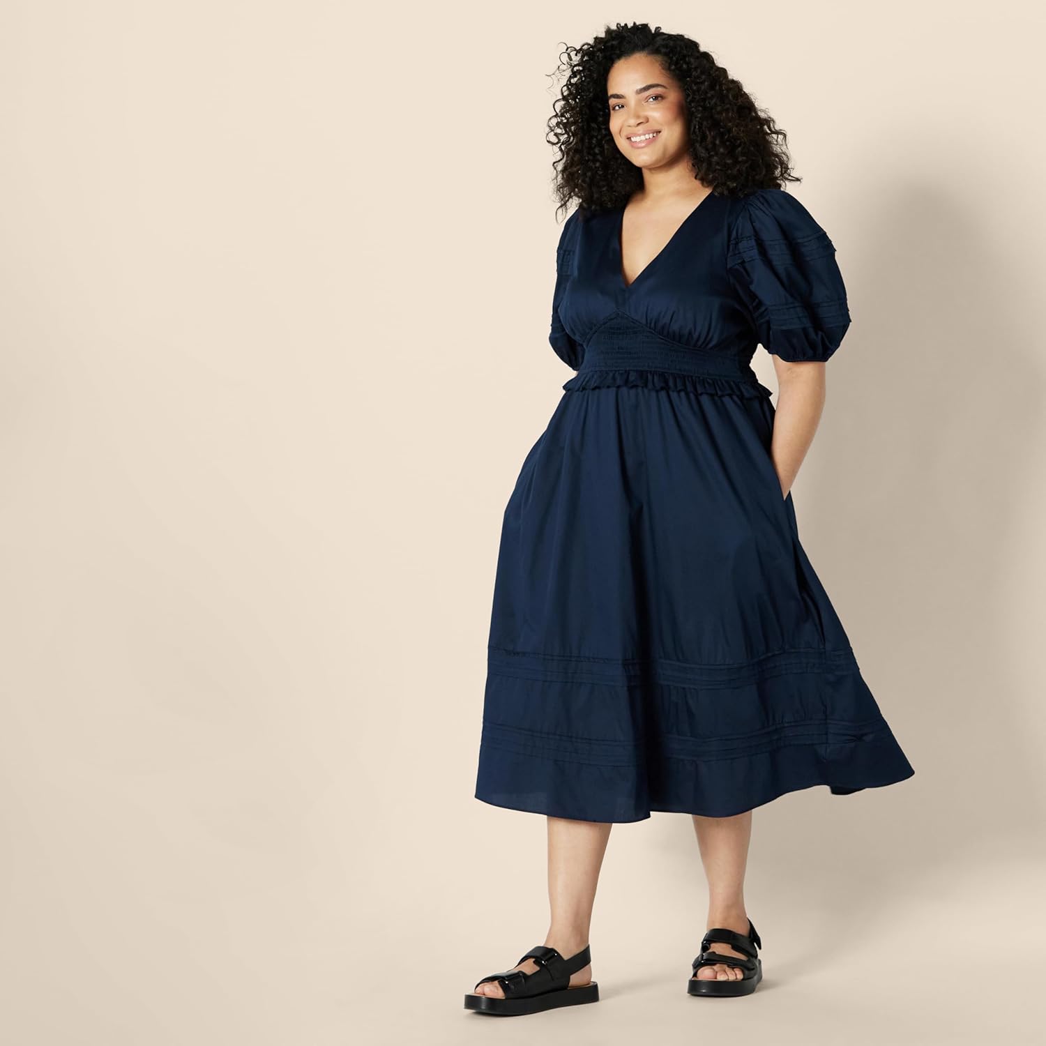 Charlotte Midikleid für Damen – Elegantes Kleid mit Puffärmeln und V-Ausschnitt