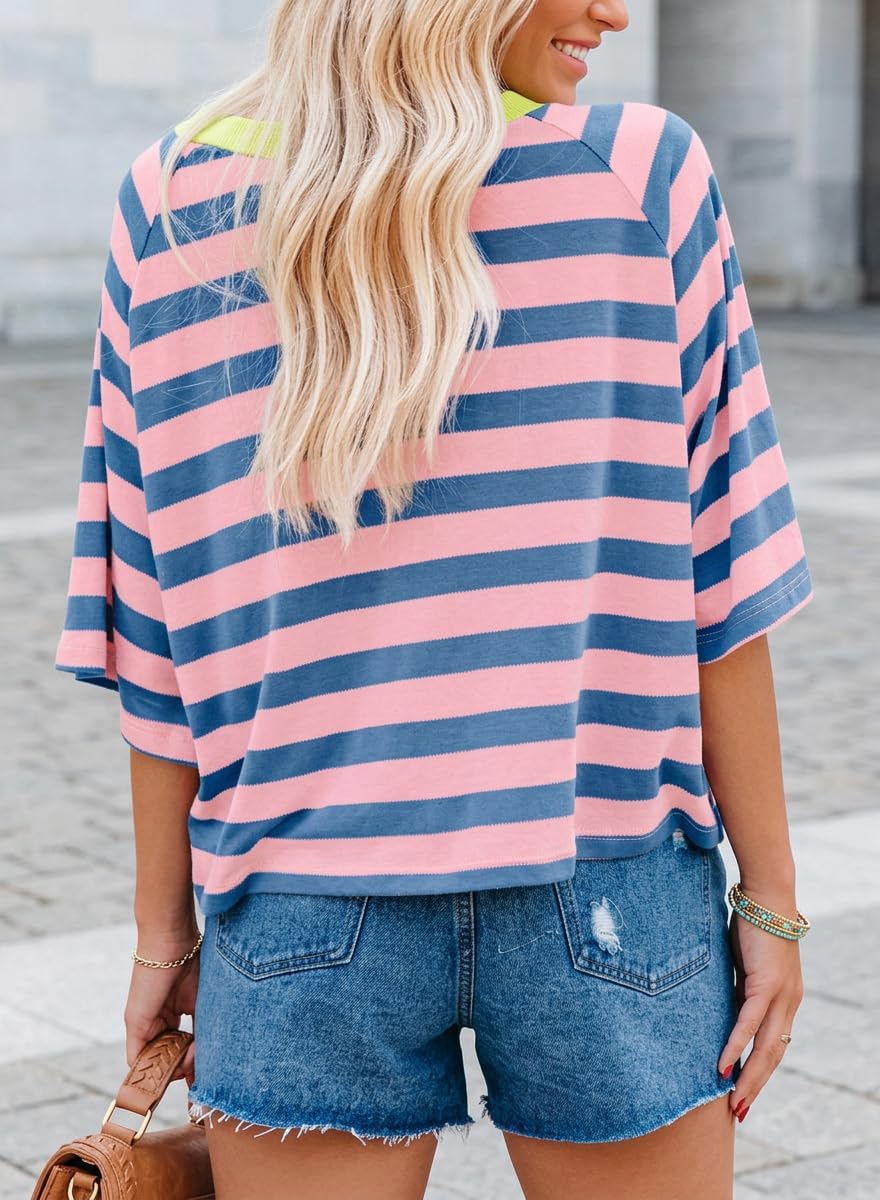 Blessy T-shirt til kvinder med striber – Rund hals, korte ærmer, afslappet oversized sommerpasform