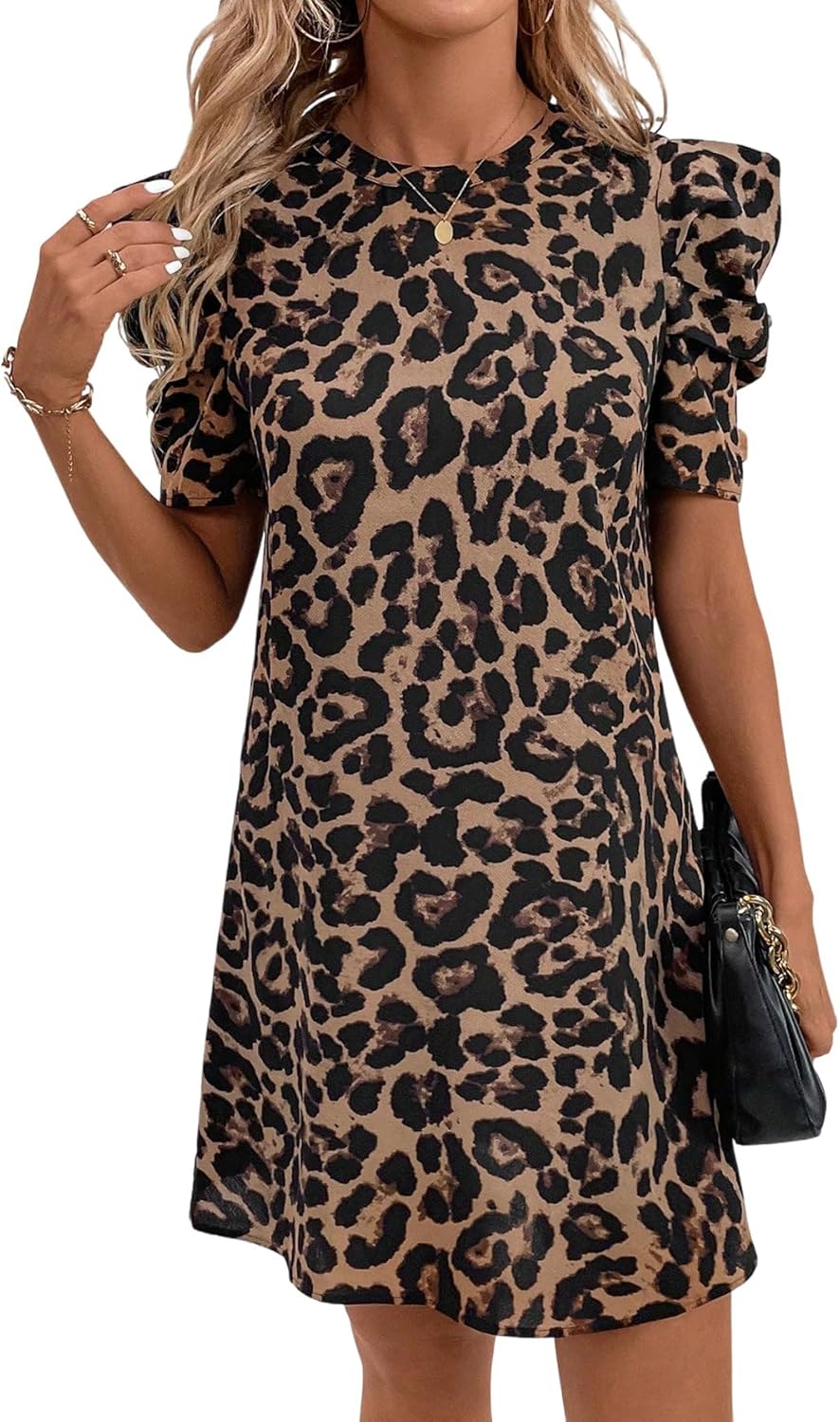 Rochie Mini Nina pentru Femei – Rochie Elegantă de Vară cu Manșete Bufante și Model Leopard Chic