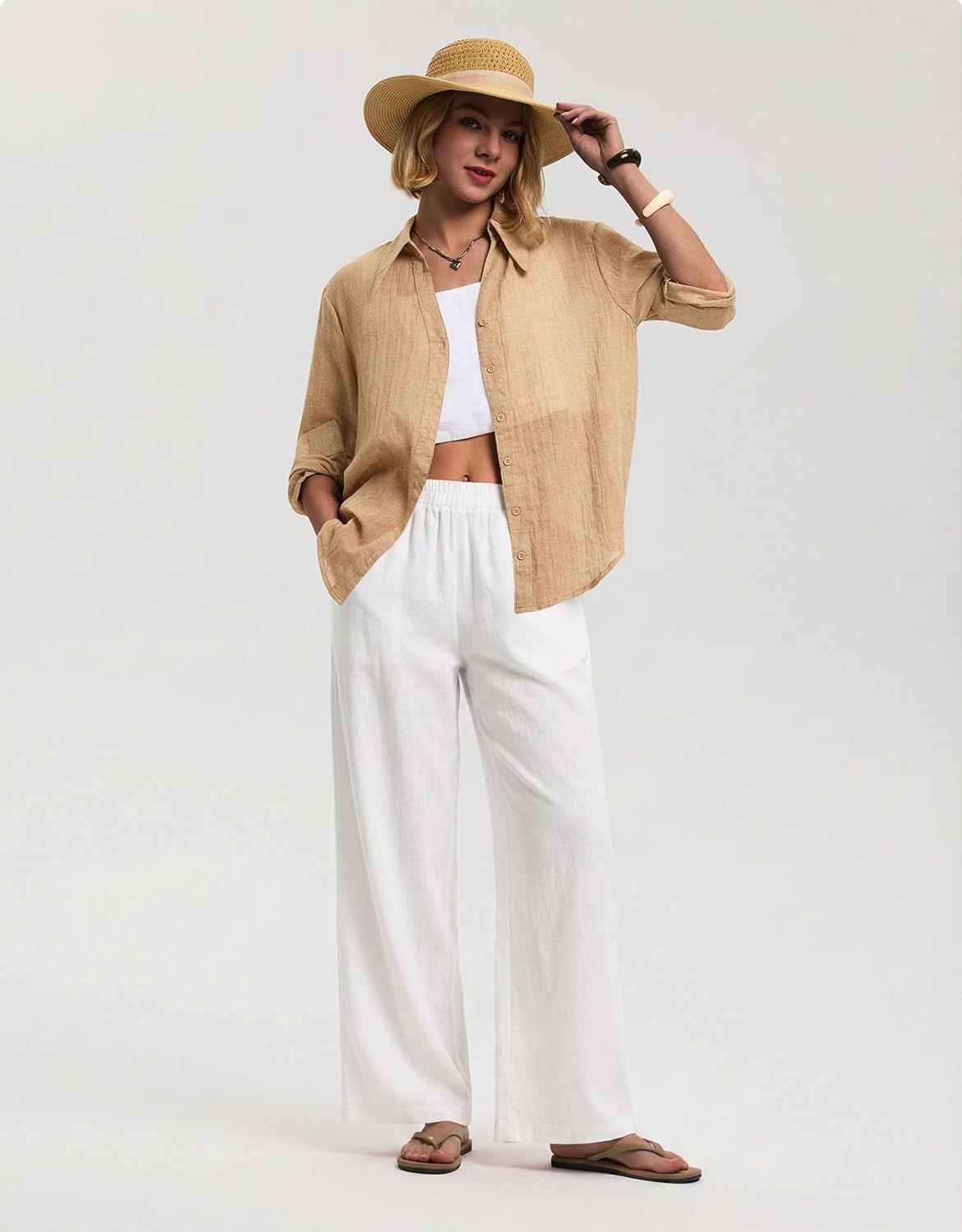 Edlyn Pantalón Mujer Lino Palazzo – Corte Amplio Fluido, Cintura Elástica Verano Chic