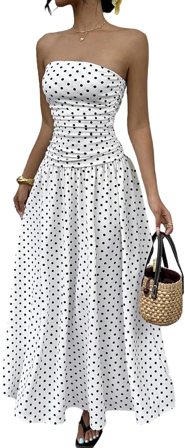 Rochie Sophie pentru femei – Rochie maxi bandeau cu buline, talie înaltă, fluidă, elegantă, de vară