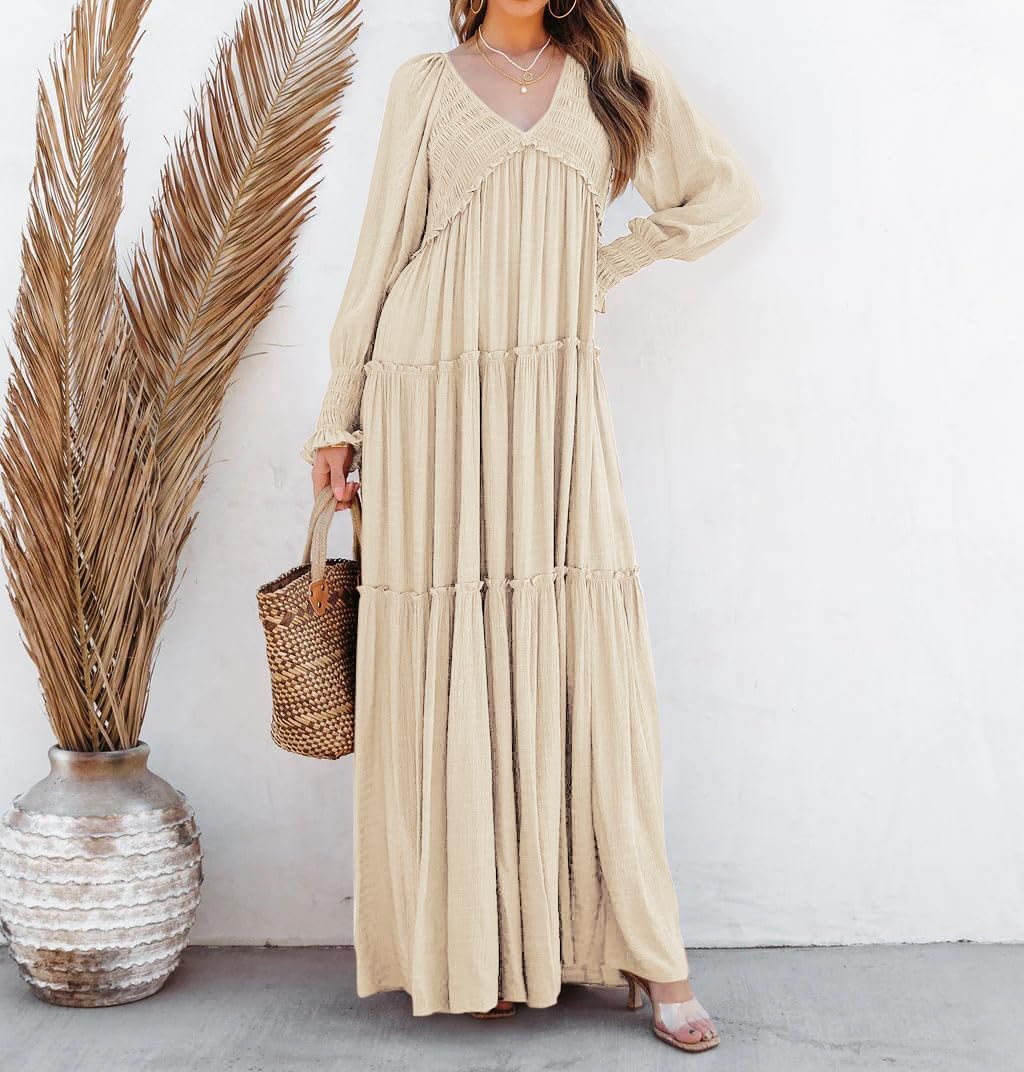 Vestido Maxi Eva para Mulher – Vestido Boémio com Decote em V, Mangas Compridas com Franzidos e Folhos