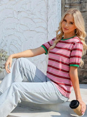 T-shirt Emma Mulher às Riscas – Gola Redonda, Corte Solto, Mangas Curtas Algodão Verão