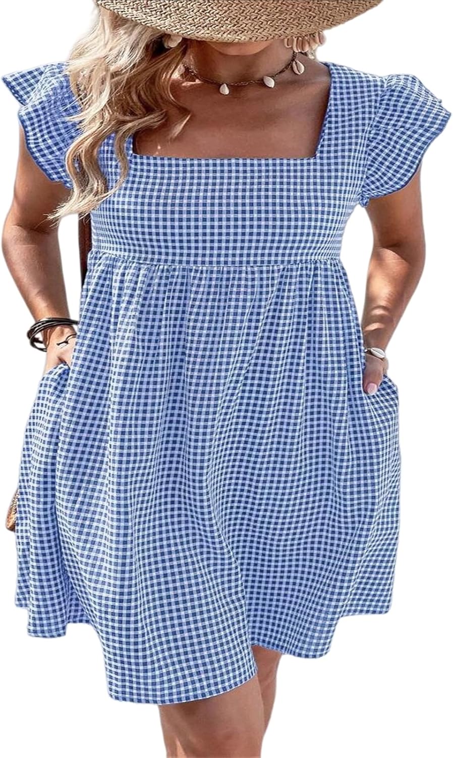 Vestito Lily Donna – Vestito Midi a Quadri con Collo Quadrato, Arricciato, Volant, Linea A, Estivo