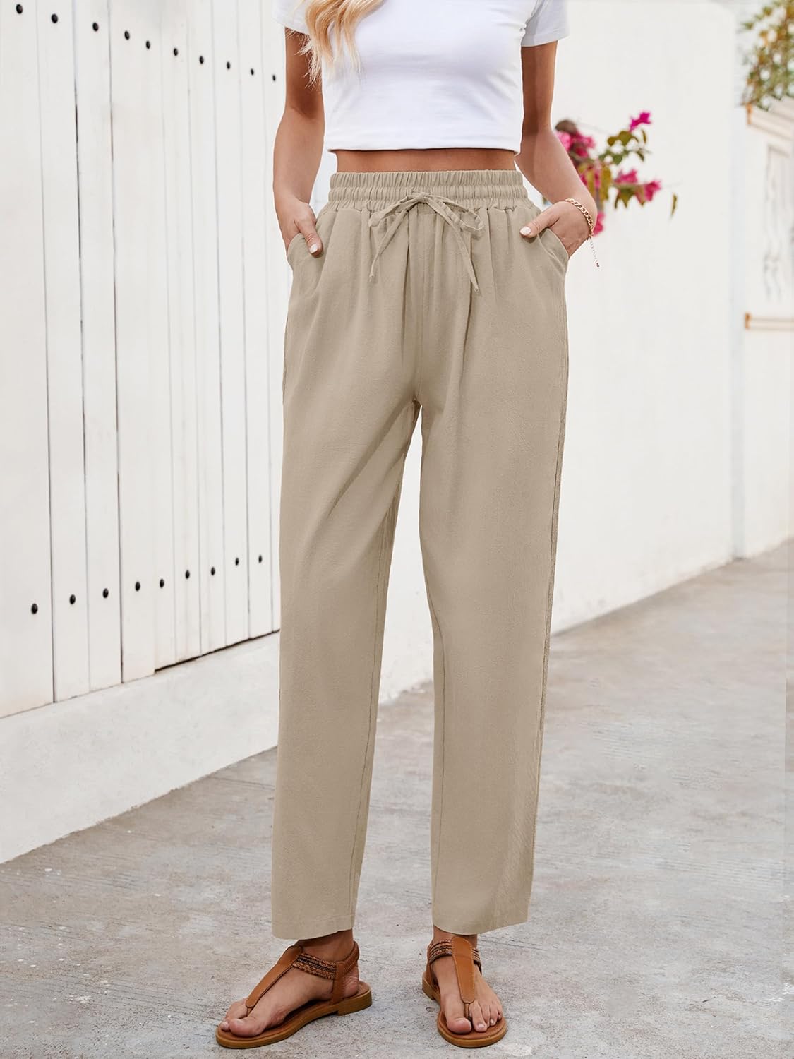 Ysabel Pantalon damă din in Capri – Dantelă, croială largă, talie elastică, vară șic