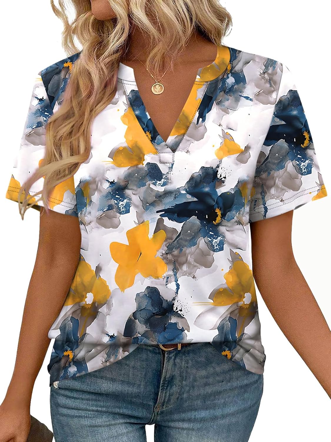 Roberta T-shirt dames V-hals – top met korte mouwen, lichte vloeiende pasvorm casual zomer