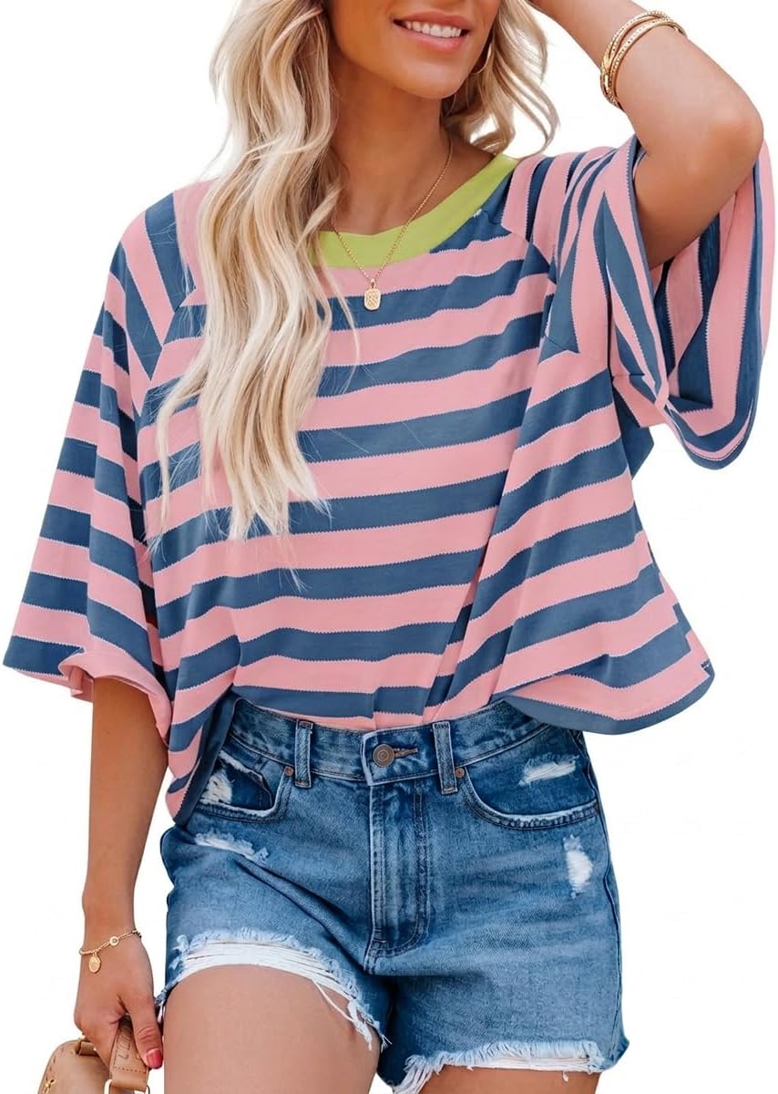Blessy T-shirt til kvinder med striber – Rund hals, korte ærmer, afslappet oversized sommerpasform