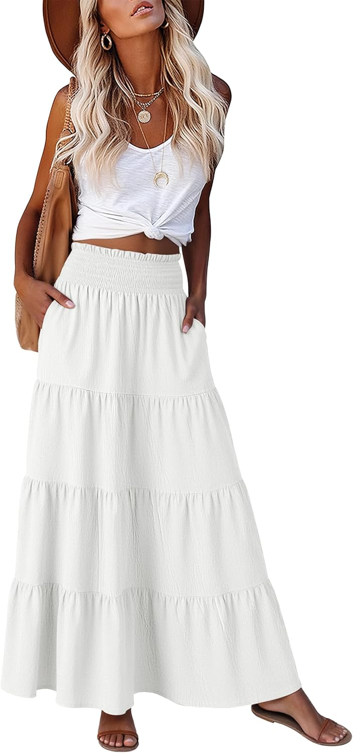 Juna Falda Maxi Mujer – Falda Bohemia Cintura Alta Fruncida y Volantes Verano