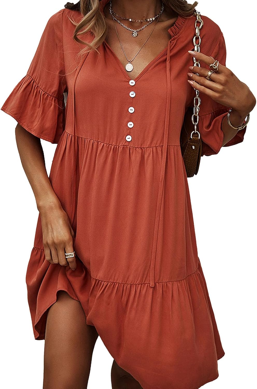 Vestido Léa Mulher – Vestido Mini com Folhos, Decote em V, Amarrado, Mangas Curtas, Elegante, Verão