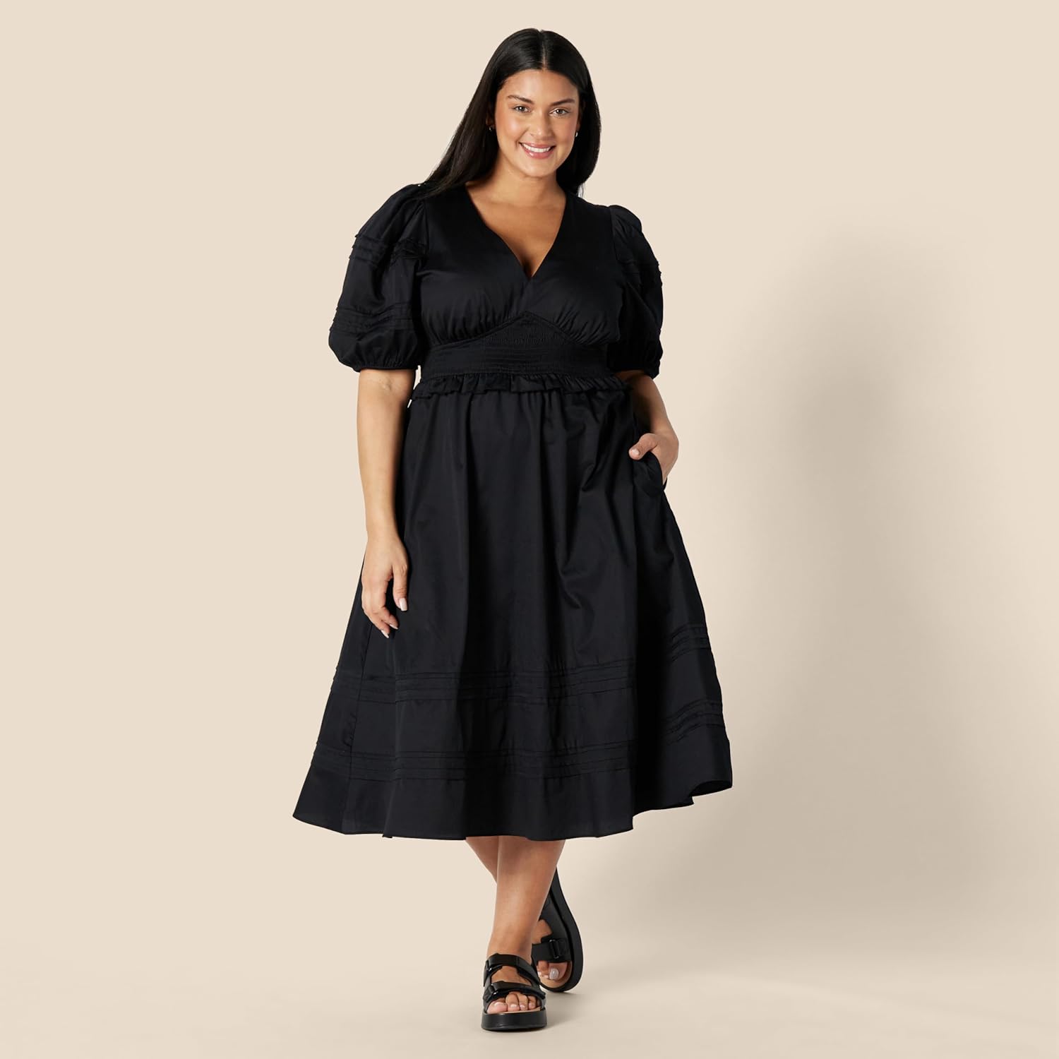 Sophie Midi Jurk Dames – Satijnen Katoenen Jurk Met V-Hals Pofmouwen Elegant