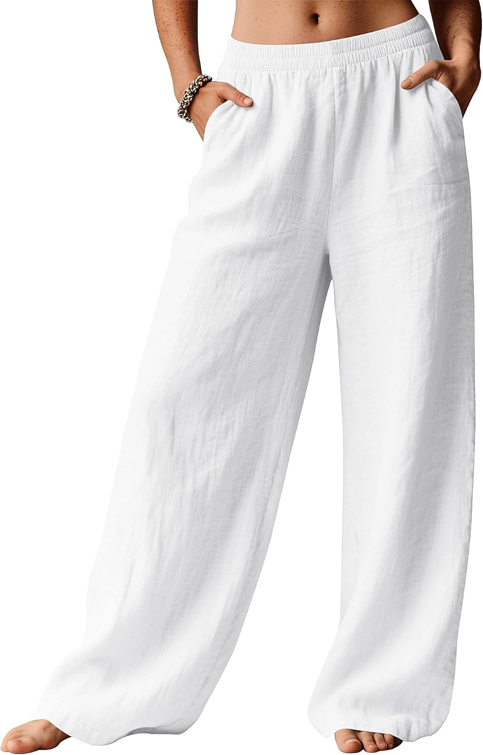 Linda Women's Pants – Linen Palazzo Pants with Elastic Waist & Pockets Summer