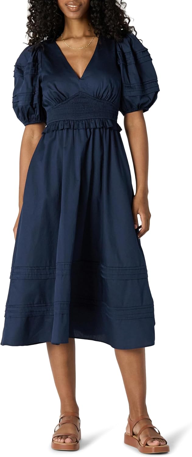 Charlotte Midikleid für Damen – Elegantes Kleid mit Puffärmeln und V-Ausschnitt