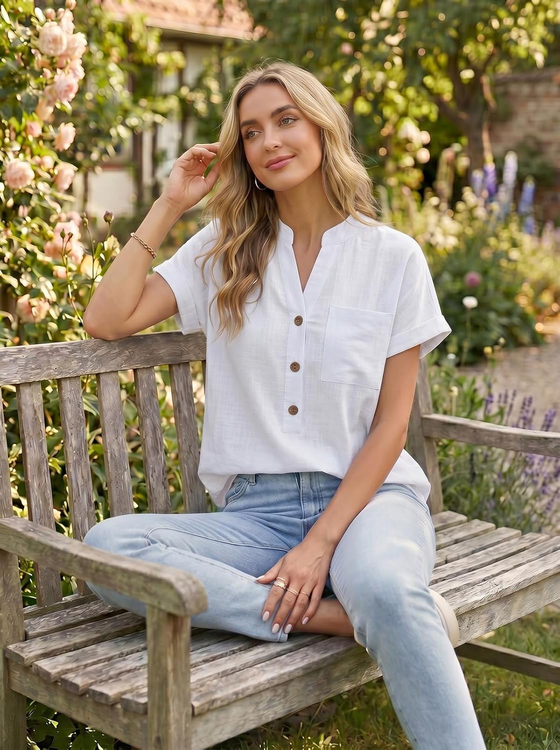 Bluzka Sophie damska bawełniana – elegancki top z dekoltem w serek Henley, krótkie rękawy, lato