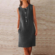 Vestido Nina Mulher – Vestido Mini Linho Gola Redonda Sem Mangas Corte Fluido com Bolsos Verão