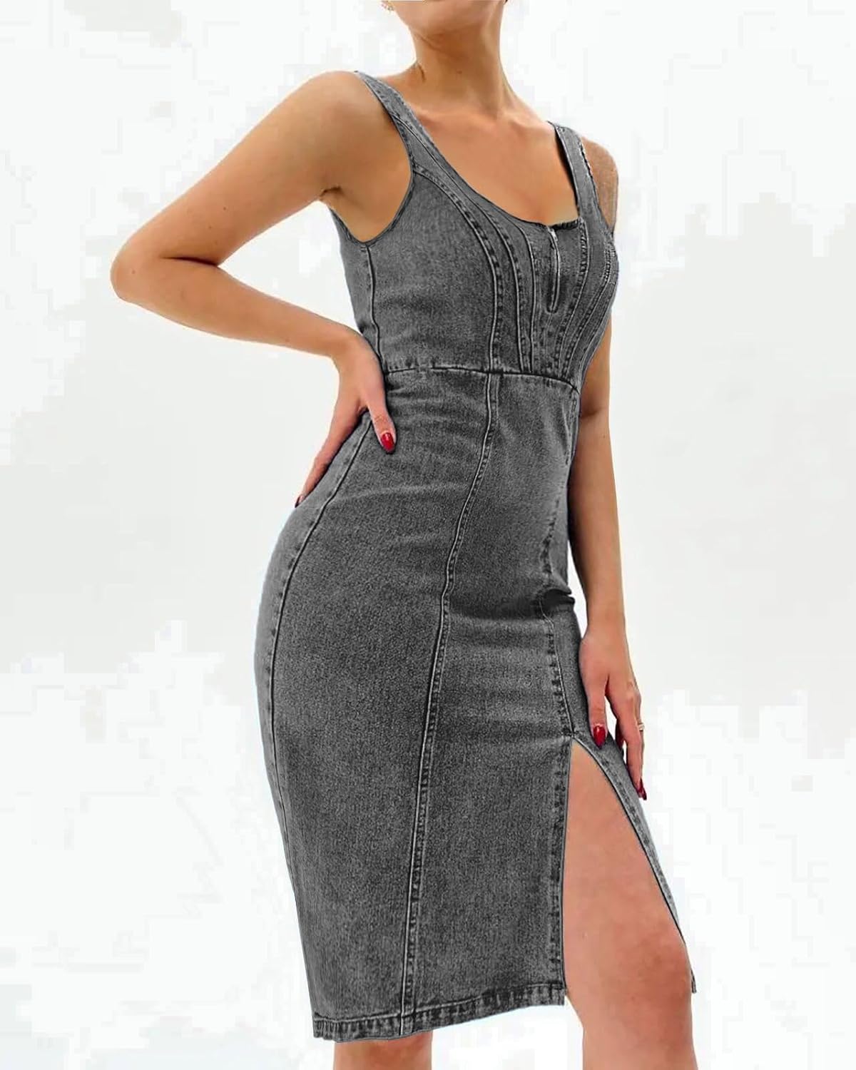 Vestido Sofia Jean Midi Mulher – Vestido Denim Justo com Fenda e Alças Ajustáveis