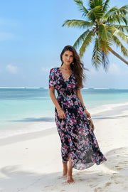 Jade Damen Maxikleid mit Blumenmuster – Hohe Taille, V-Ausschnitt, Kurze Ärmel Boho Sommer