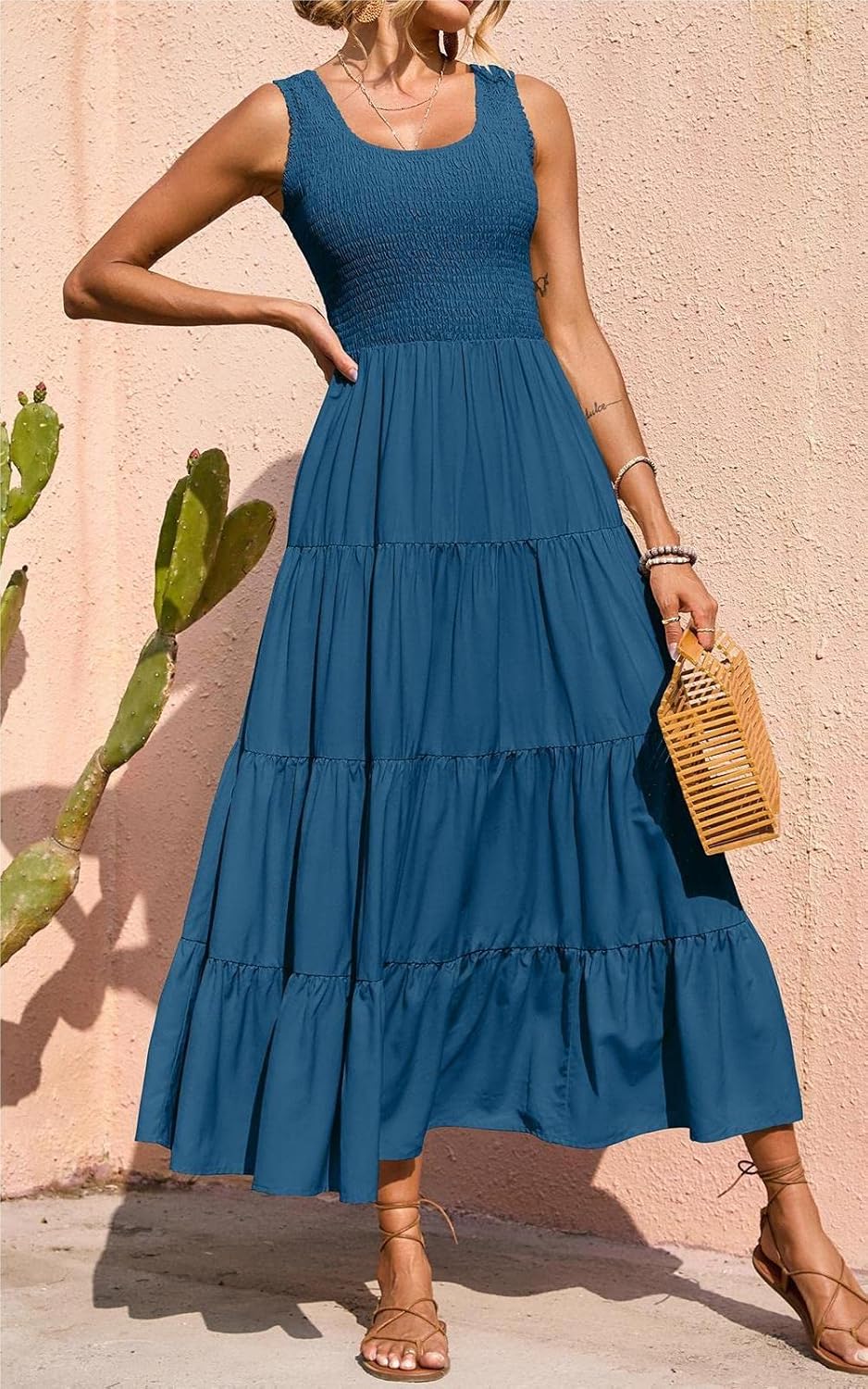 Élina Maxikleid Damen – Ärmelloses gerafftes Kleid A-Linien-Schnitt Sommer Boho