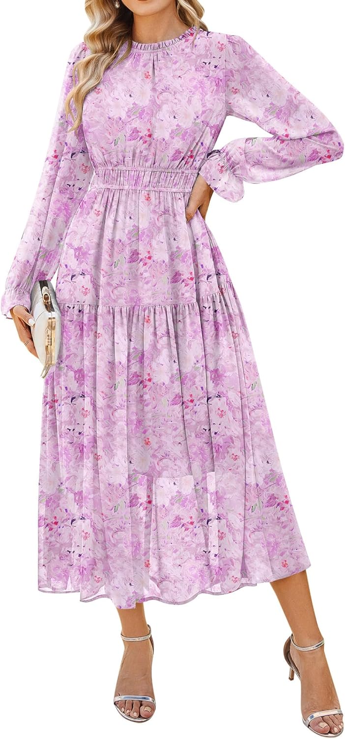 Élise Maxikleid Geblümt – Elegantes Chiffon Kleid Langarm Damen