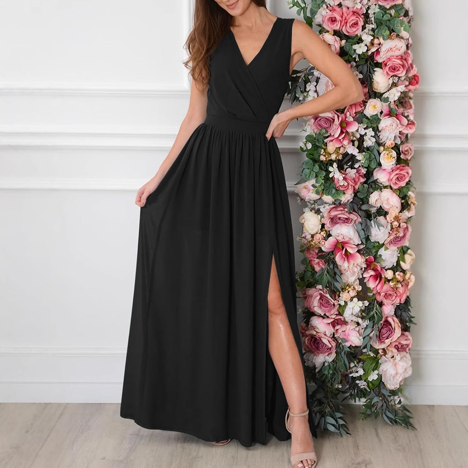 Victoria Abito Lungo da Sera Donna – Abito Elegante con Scollo a V e Spacco Laterale