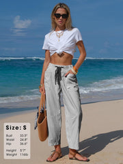 Laura Pantaloni damă din in cu dungi – croială largă Capri, talie elastică, ușori pentru vară